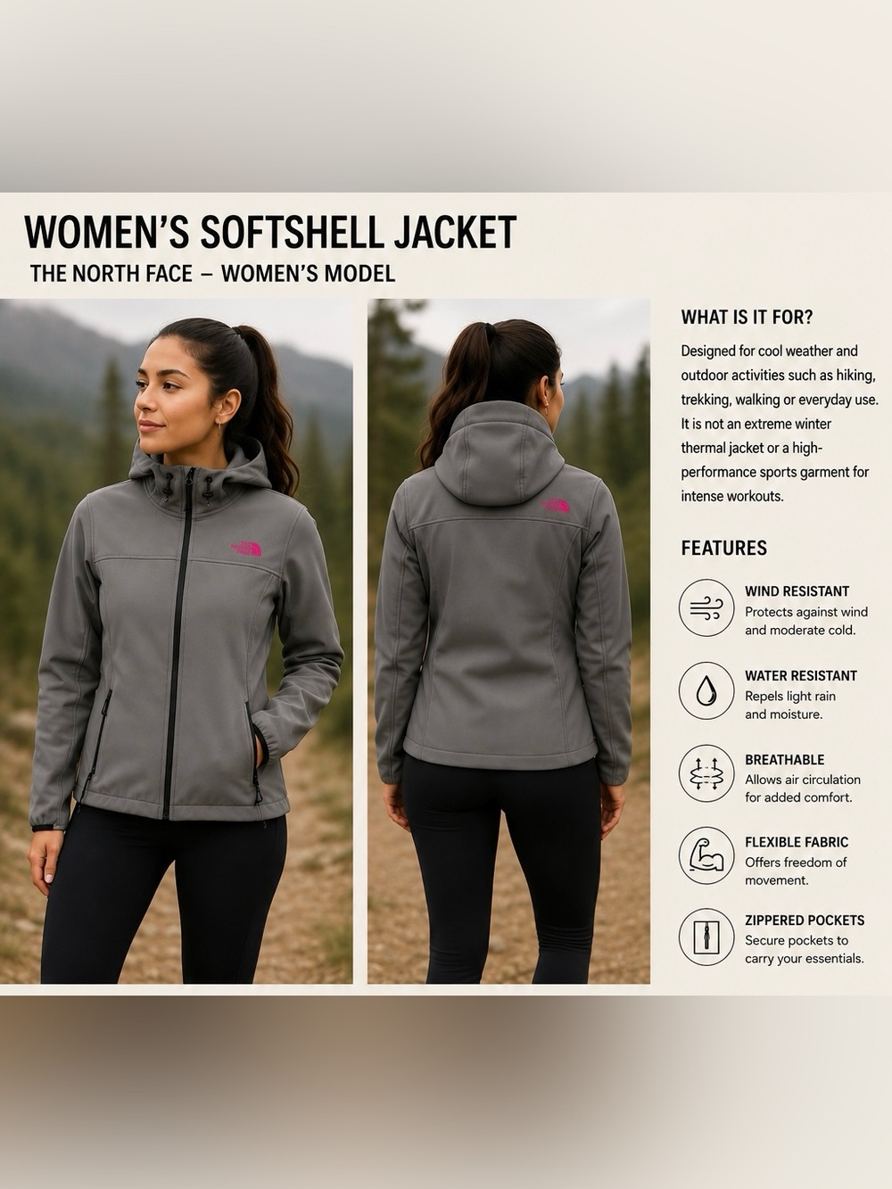 The North Face Women’s Softshell Hooded Jacket – Gray/Pink